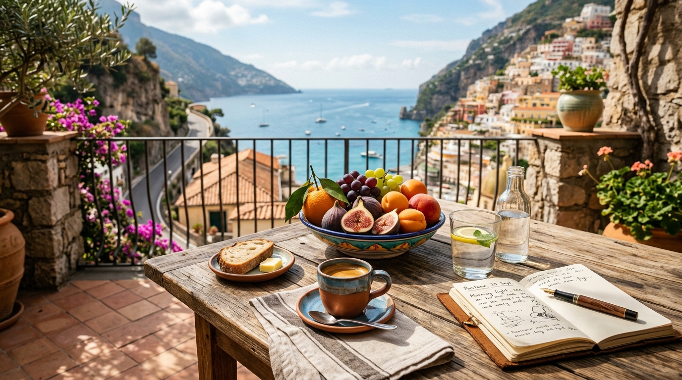Mattina tranquilla con luce naturale mediterranea, tazza di caffè su tavolo di legno chiaro